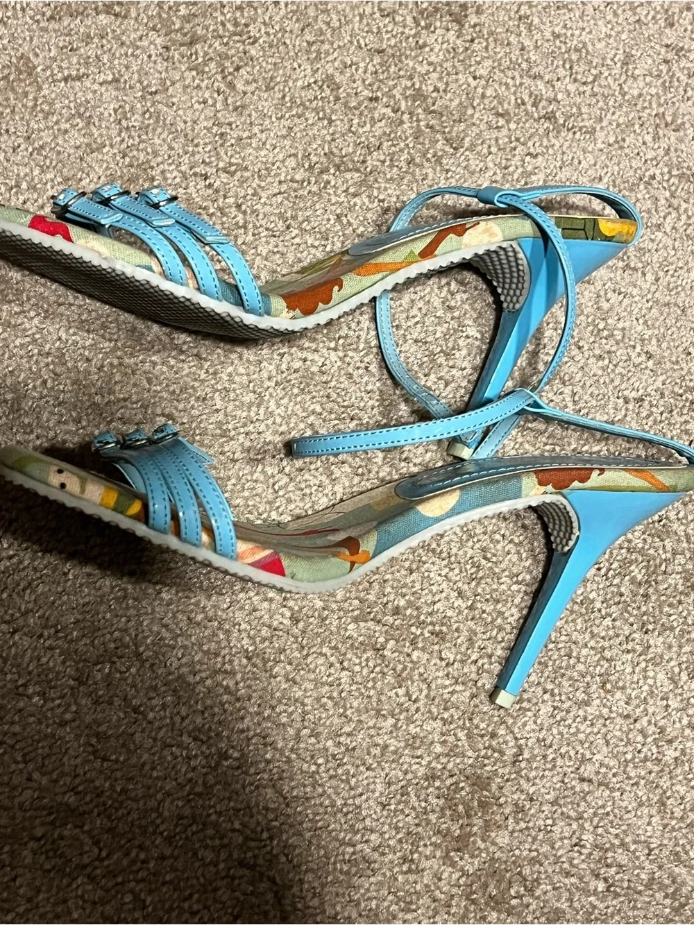 Baby blue Strappy Sandals with Colorful Printed Footbed